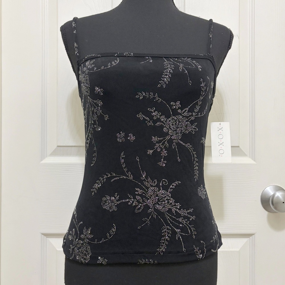 NEW XOXO Cropped Cami Tank Top S M L Black Floral Glitter Stretch VTG Y2K Club